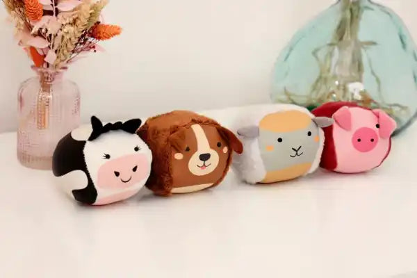 Set de 4 balles doudous sensorielles bébé animaux de la ferme.