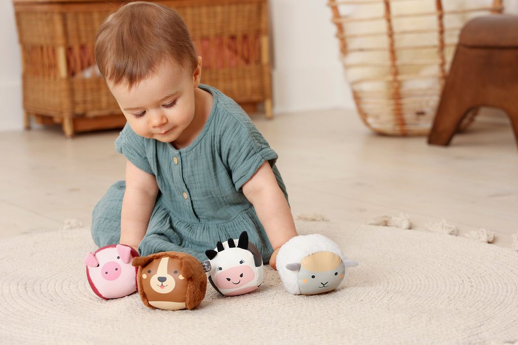 Set de 4 balles doudous sensorielles bébé animaux de la ferme.