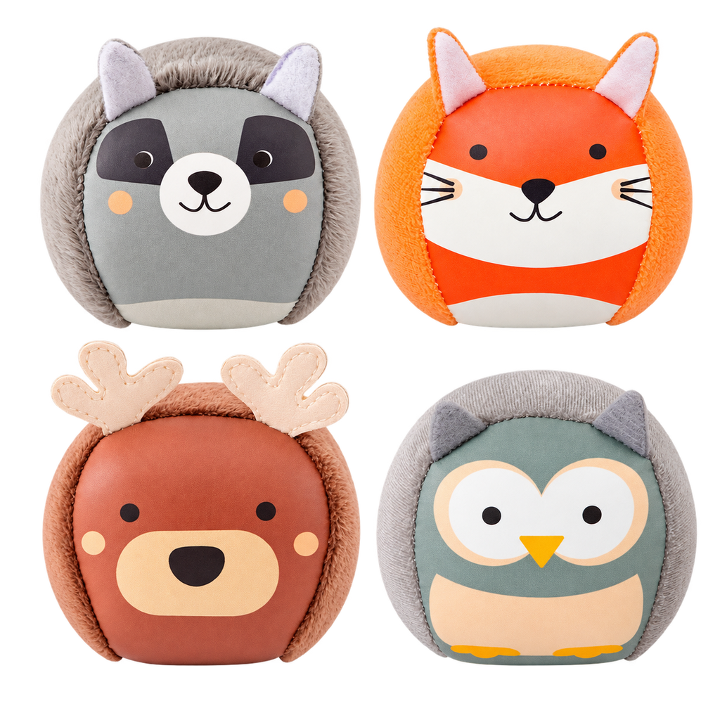 Set de 4 balles doudous sensorielles bébé forêt – vue d'ensemble