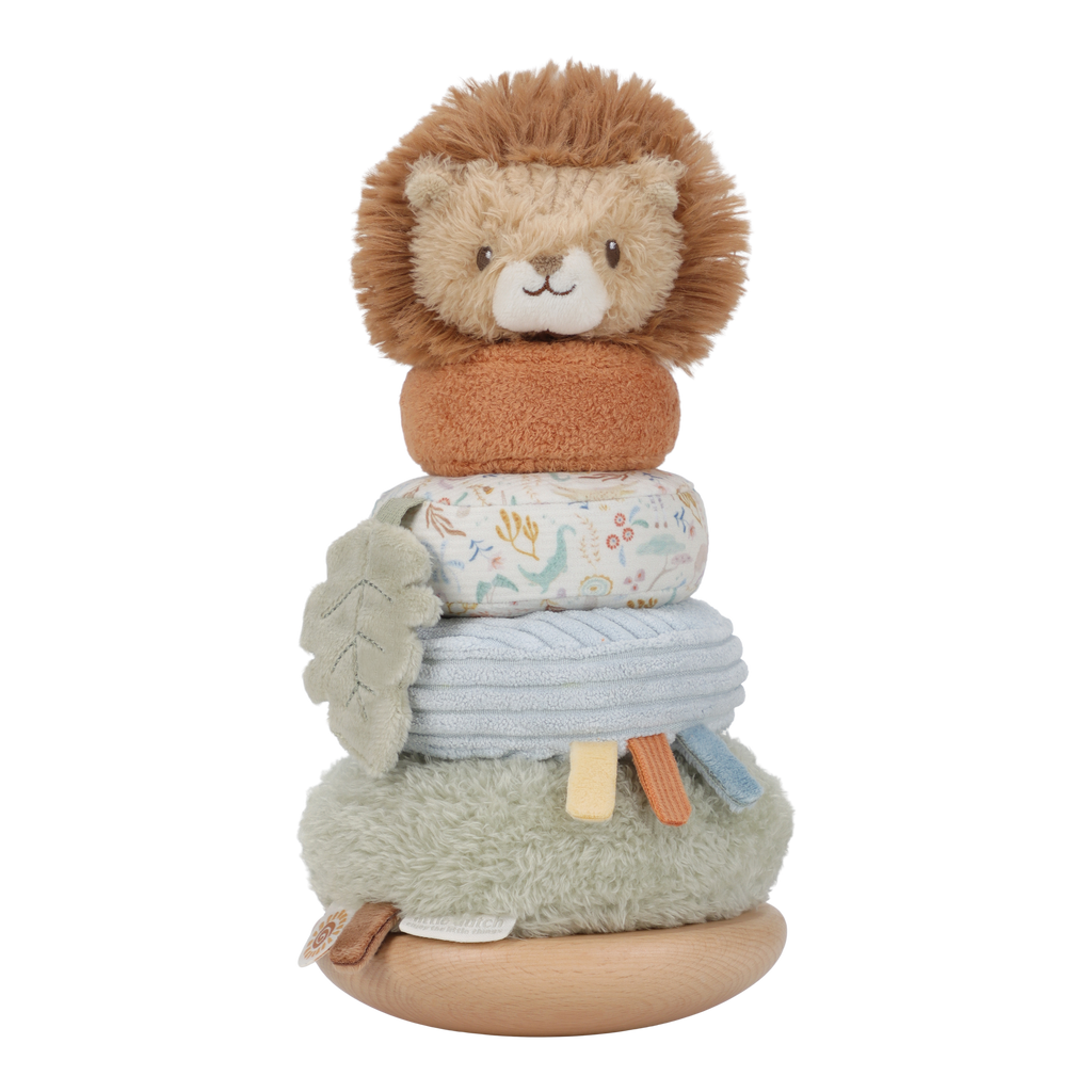 Culbuto à empiler lion enfant, base en bois et anneaux texturés