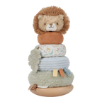 Culbuto à empiler lion enfant, base en bois et anneaux texturés