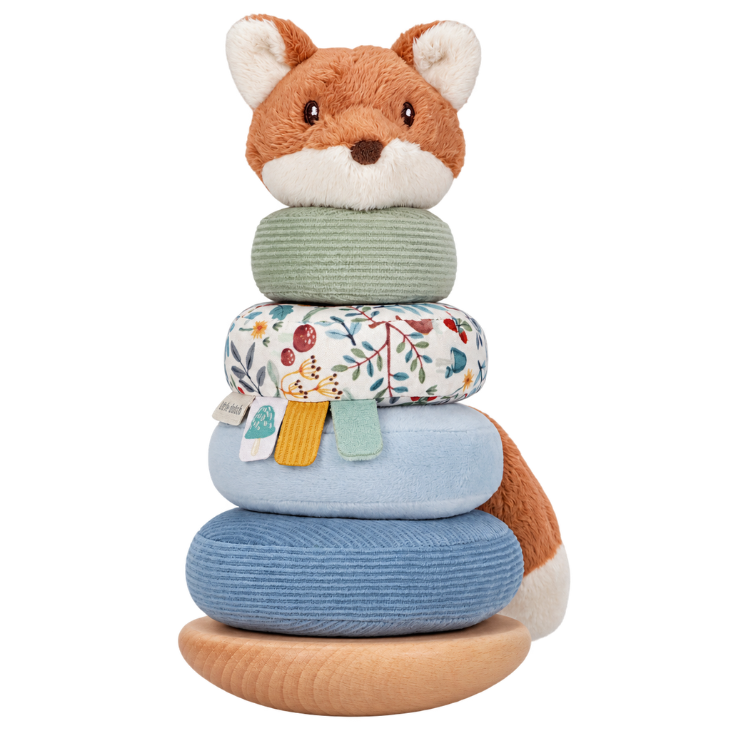 Culbuto à empiler renard enfant, socle bancal en bois et anneaux colorés