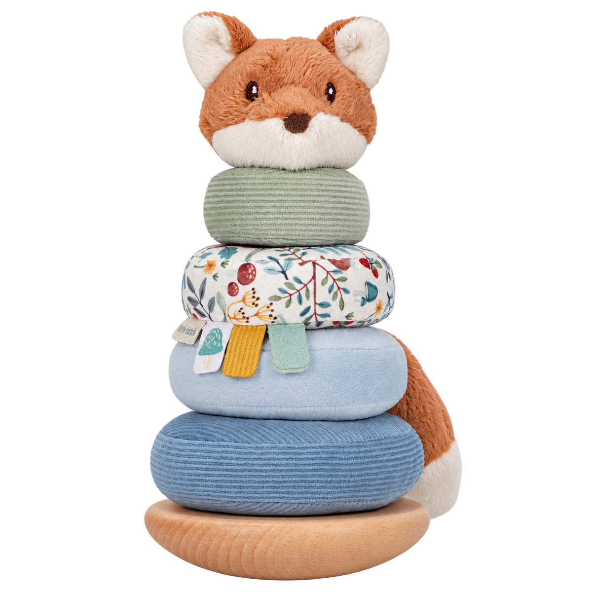 Culbuto à empiler renard enfant, socle bancal en bois et anneaux colorés