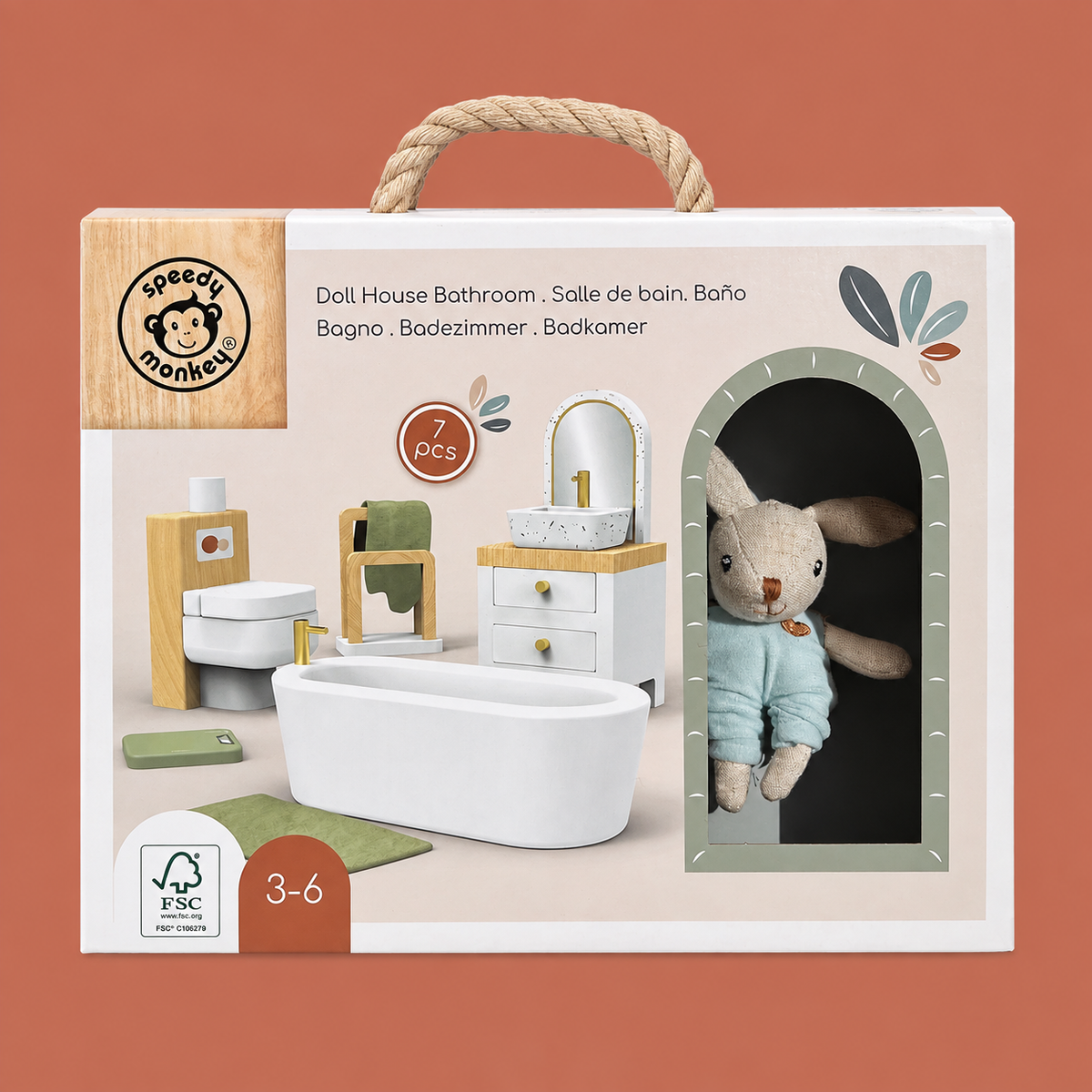 Salle de bain pour maison de poupée Speedy Monkey avec figurine lapin