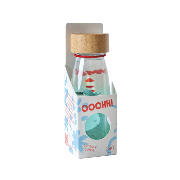 Bouteille sensorielle Baleine - détail liquide flottant
